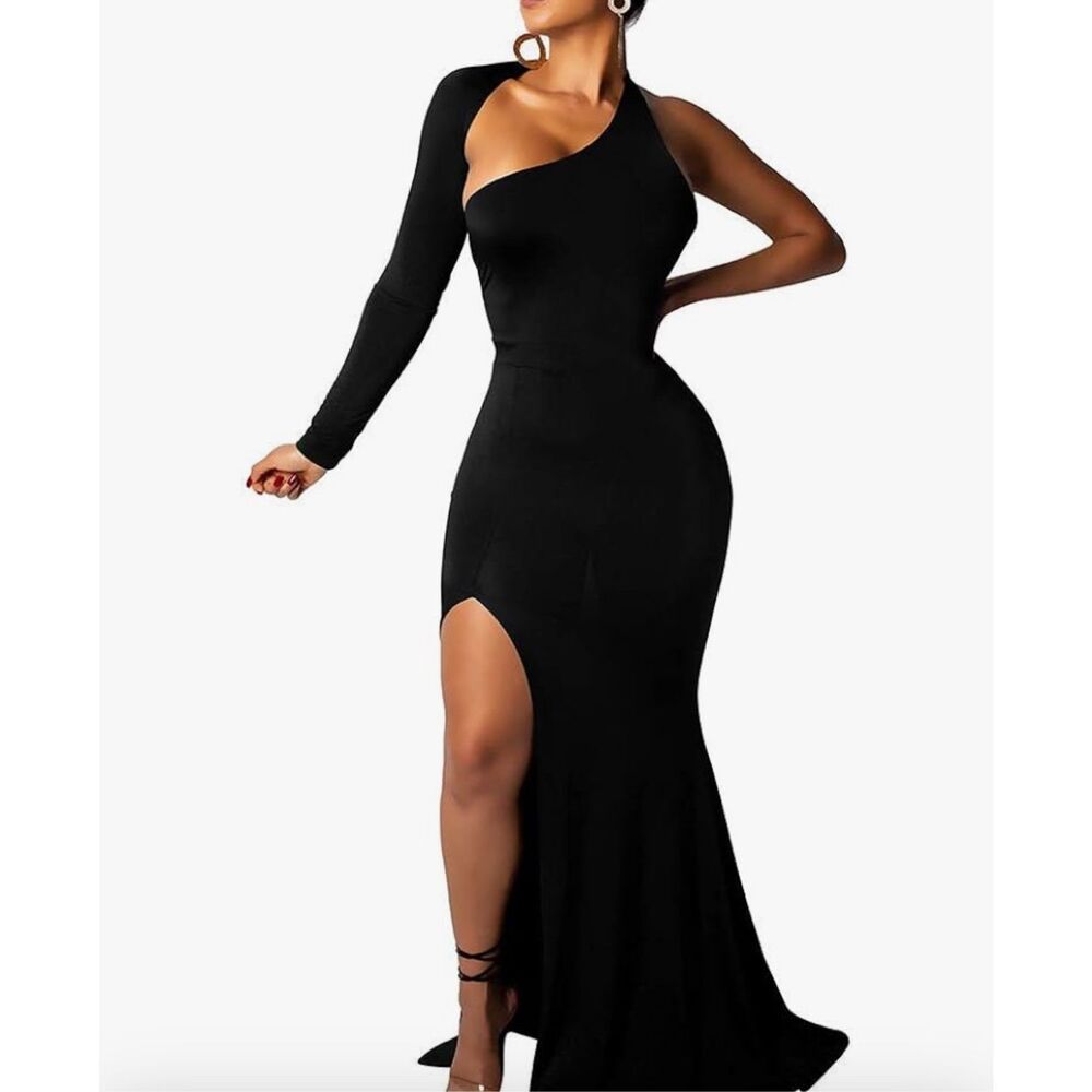 NEW Black Elegant Formal One Shoulder Evening Maxi Dress XL